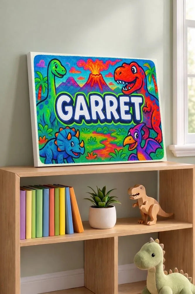 Garret Name Art - Dinosaur Adventure personalized wall print for kids