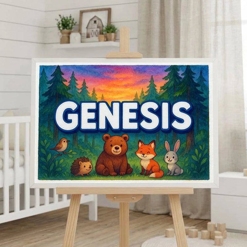 Genesis Name Art - Forest Friends personalized wall print for kids