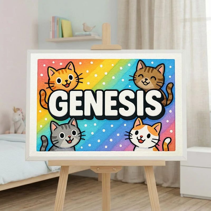 Genesis Name Art - Colorful Cats personalized wall print for kids