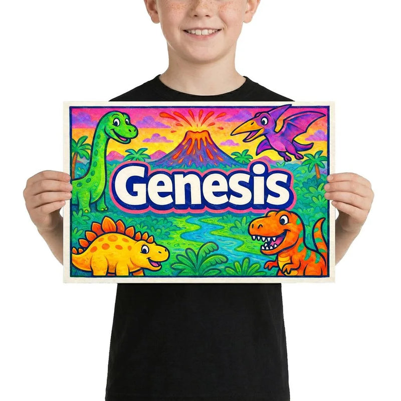 Genesis Name Art - Dinosaur Adventure personalized wall print for kids