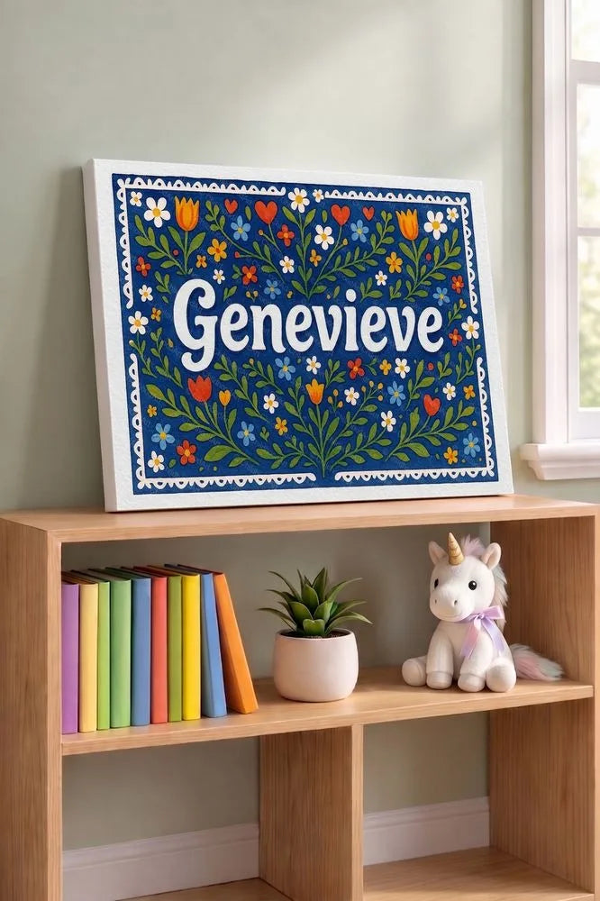 Genevieve Name Art - Floral Farmhouse personalized wall print for kids