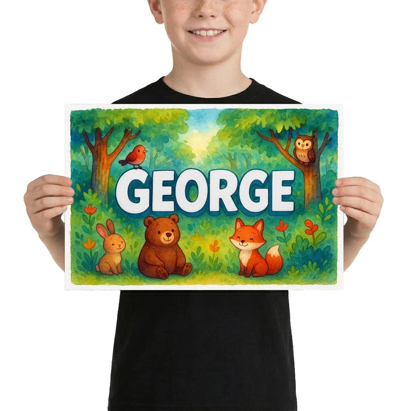 George Name Art - Forest Friends personalized wall print for kids