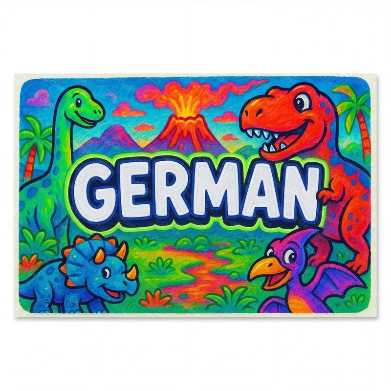 German Name Art - Dinosaur Adventure personalized wall print for kids