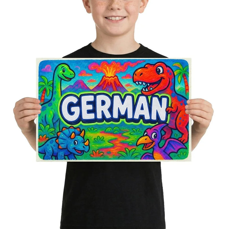 German Name Art - Dinosaur Adventure personalized wall print for kids