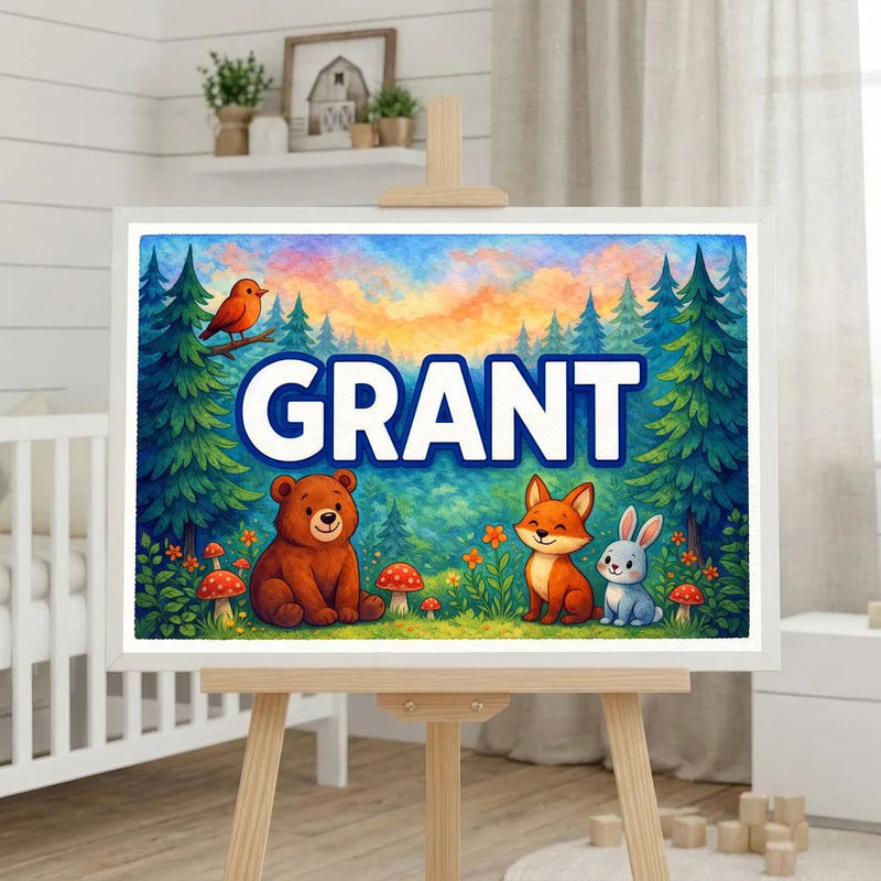 Grant Name Art - Forest Friends personalized wall print for kids