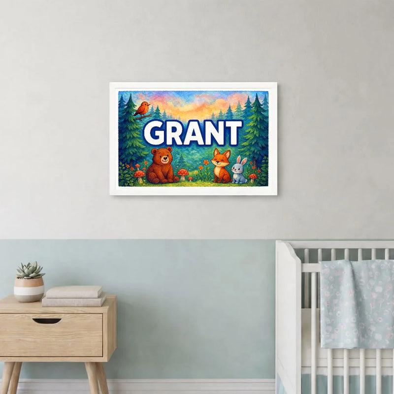 Grant Name Art - Forest Friends personalized wall print for kids