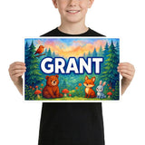 Grant Name Art - Forest Friends personalized wall print for kids