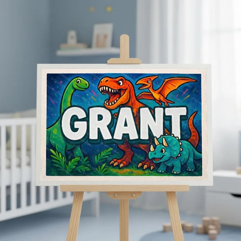 Grant Name Art - Dinosaur Adventure personalized wall print for kids