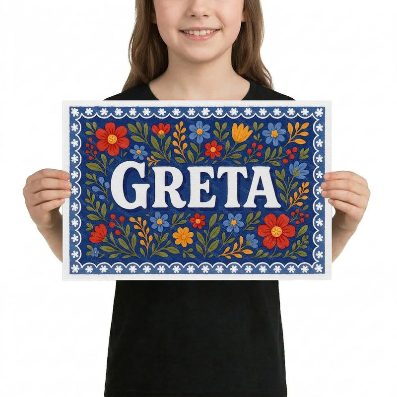Greta Name Art - Floral Farmhouse personalized wall print for kids