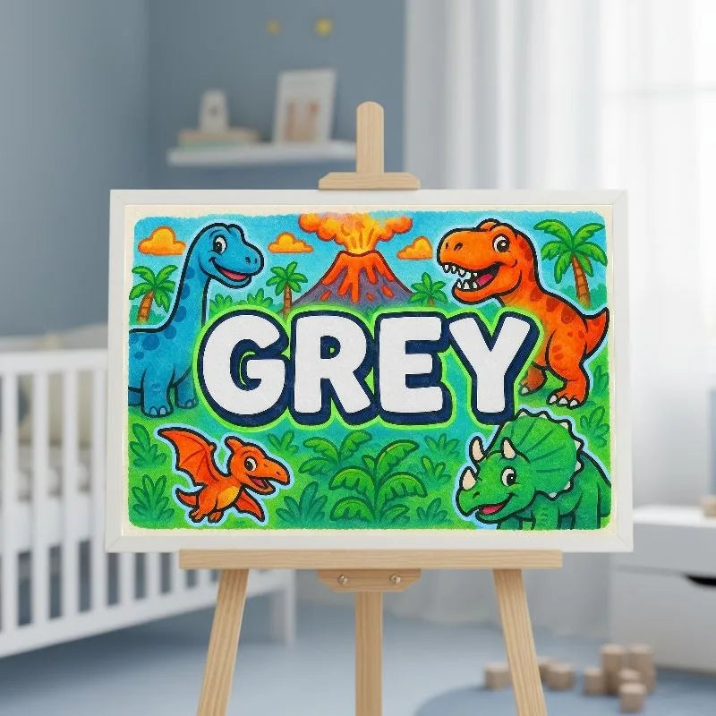 Grey Name Art - Dinosaur Adventure personalized wall print for kids
