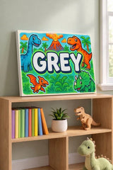 Grey Name Art - Dinosaur Adventure personalized wall print for kids