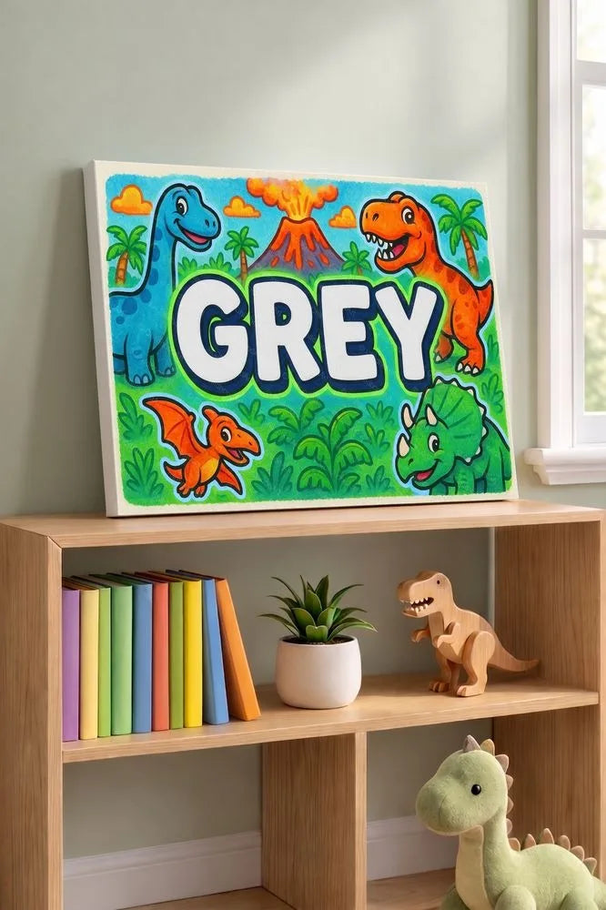 Grey Name Art - Dinosaur Adventure personalized wall print for kids