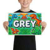Grey Name Art - Dinosaur Adventure personalized wall print for kids