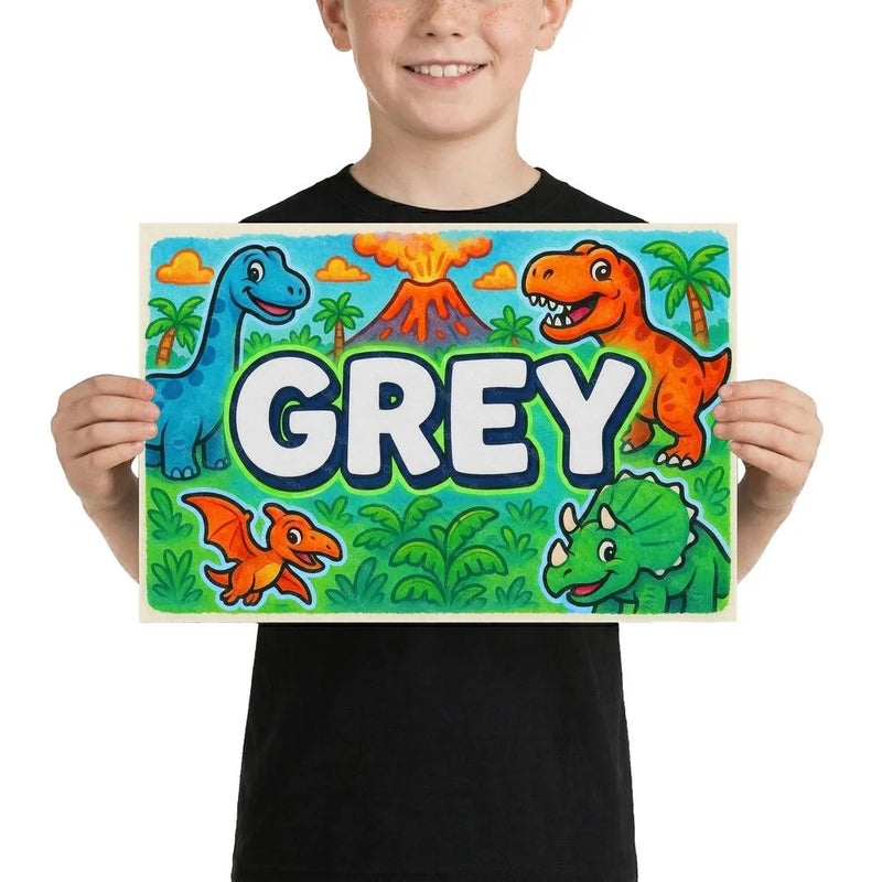Grey Name Art - Dinosaur Adventure personalized wall print for kids