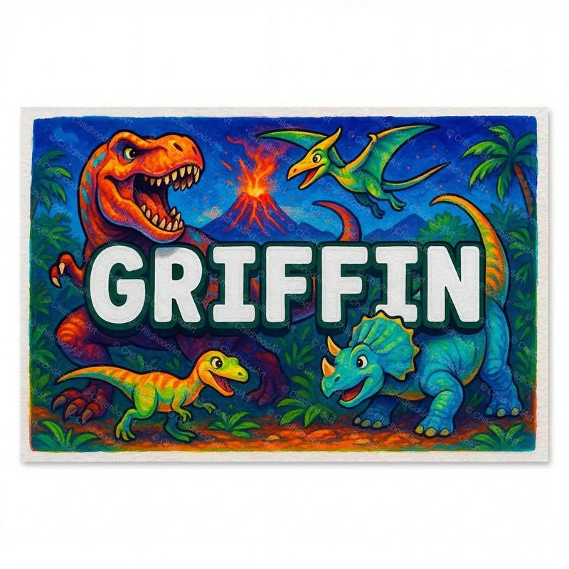 Griffin Name Art - Dinosaur Adventure personalized wall print for kids
