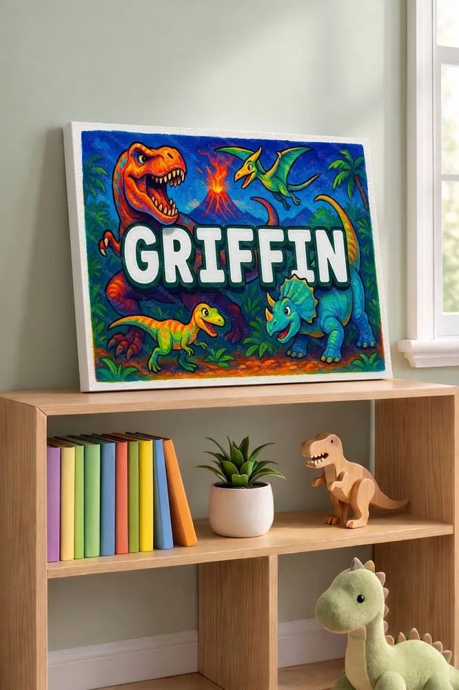 Griffin Name Art - Dinosaur Adventure personalized wall print for kids
