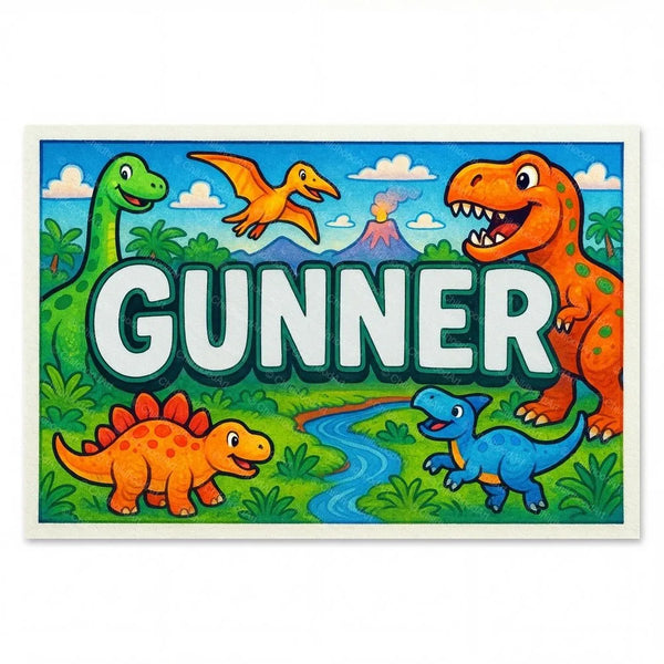 Personalized Gunner name art print in the Dinosaur adventure style