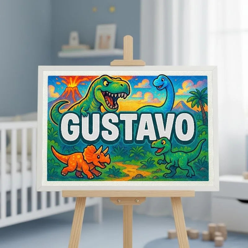 Gustavo Name Art - Dinosaur Adventure personalized wall print for kids