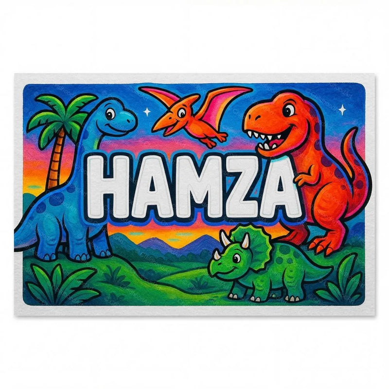 Hamza Name Art - Dinosaur Adventure personalized wall print for kids
