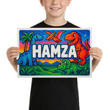 Hamza Name Art - Dinosaur Adventure personalized wall print for kids