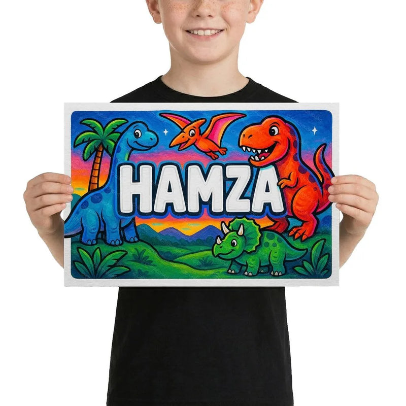 Hamza Name Art - Dinosaur Adventure personalized wall print for kids