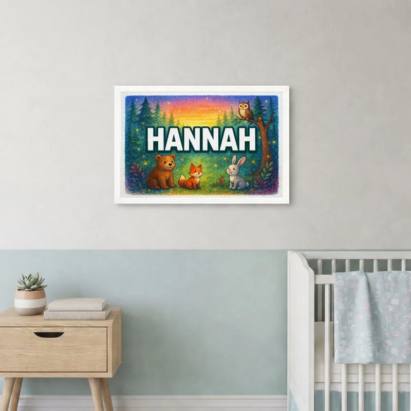 Hannah Name Art - Forest Friends personalized wall print for kids