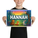 Hannah Name Art - Forest Friends personalized wall print for kids