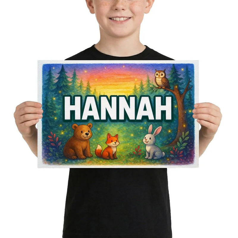 Hannah Name Art - Forest Friends personalized wall print for kids