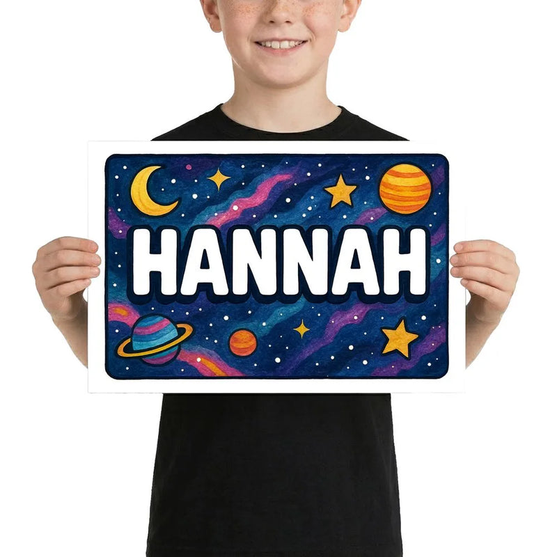 Hannah Name Art - Space Explorers personalized wall print for kids