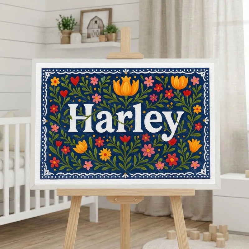 Harley Name Art - Floral Farmhouse personalized wall print for kids