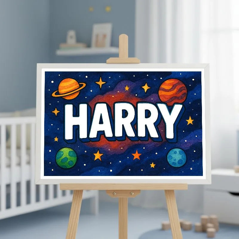 Harry Name Art - Space Explorers personalized wall print for kids