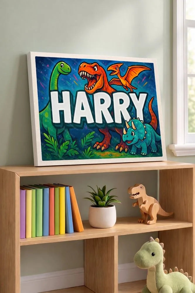Harry Name Art - Dinosaur Adventure personalized wall print for kids