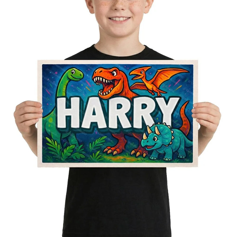 Harry Name Art - Dinosaur Adventure personalized wall print for kids