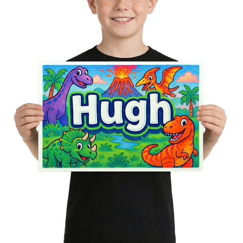 Hugh Name Art - Dinosaur Adventure personalized wall print for kids
