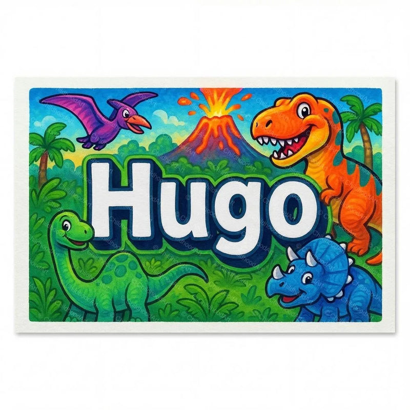 Hugo Name Art - Dinosaur Adventure personalized wall print for kids