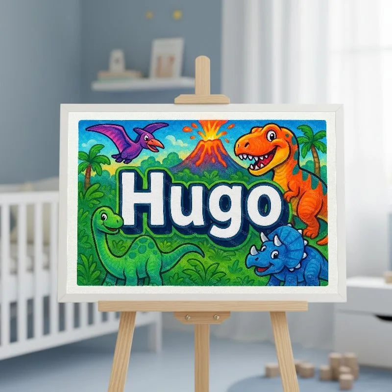 Hugo Name Art - Dinosaur Adventure personalized wall print for kids