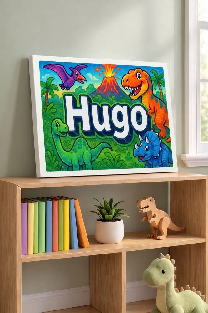 Hugo Name Art - Dinosaur Adventure personalized wall print for kids