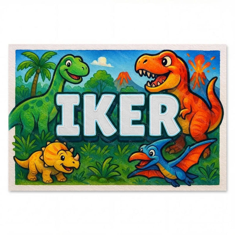Iker Name Art - Dinosaur Adventure personalized wall print for kids