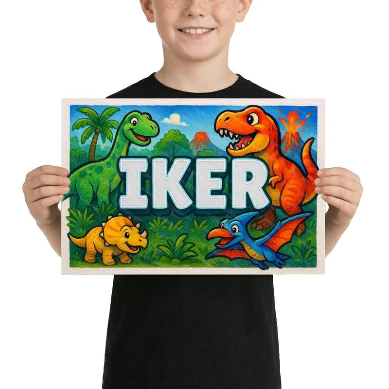 Iker Name Art - Dinosaur Adventure personalized wall print for kids