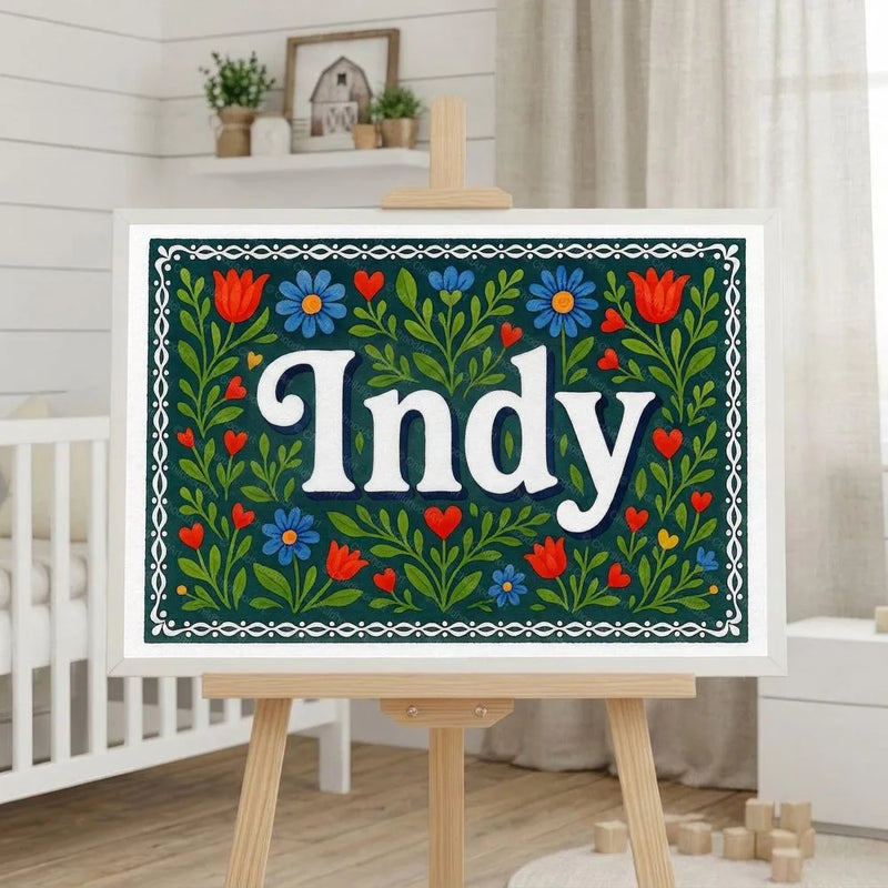 Indy Name Art - Floral Farmhouse personalized wall print for kids