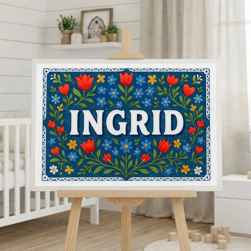 Ingrid Name Art - Floral Farmhouse personalized wall print for kids