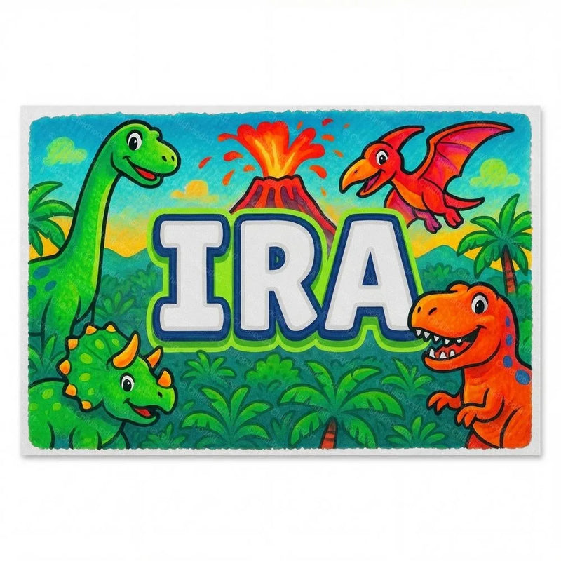 Ira Name Art - Dinosaur Adventure personalized wall print for kids