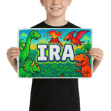 Ira Name Art - Dinosaur Adventure personalized wall print for kids