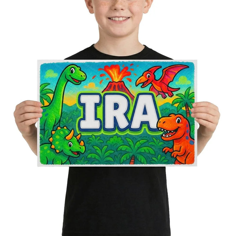 Ira Name Art - Dinosaur Adventure personalized wall print for kids