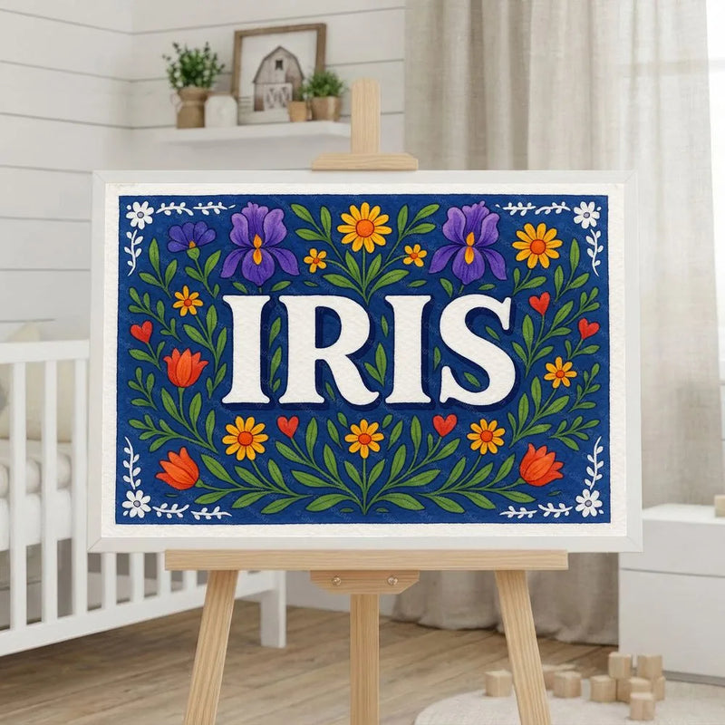 Iris Name Art - Floral Farmhouse personalized wall print for kids