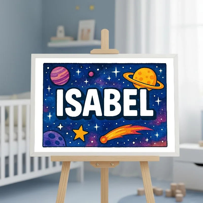 Isabel Name Art - Space Explorers personalized wall print for kids