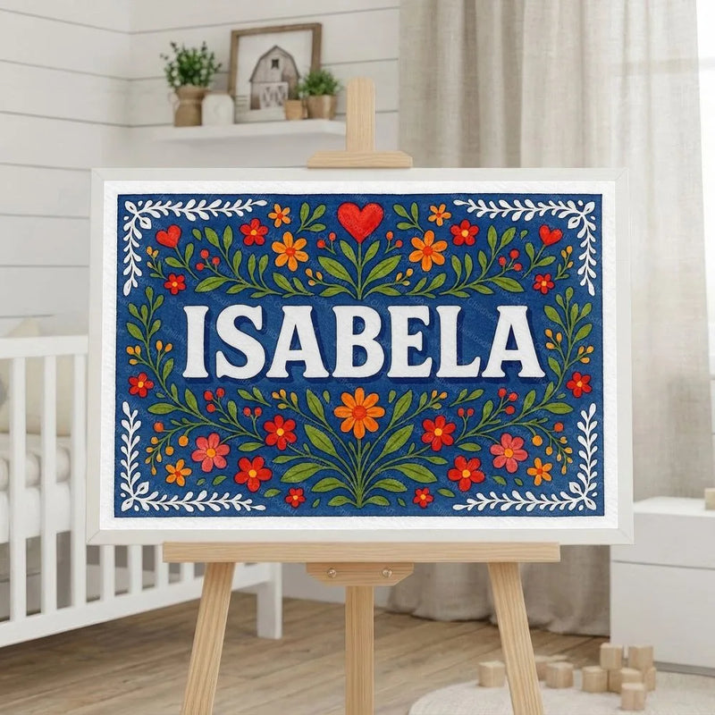 Isabela Name Art - Floral Farmhouse personalized wall print for kids