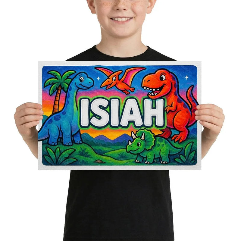 Isiah Name Art - Dinosaur Adventure personalized wall print for kids