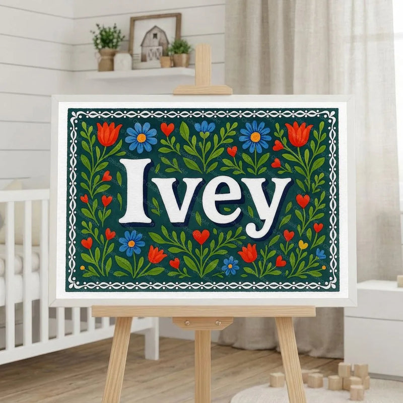 Ivey Name Art - Floral Farmhouse personalized wall print for kids
