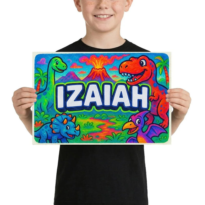 Izaiah Name Art - Dinosaur Adventure personalized wall print for kids